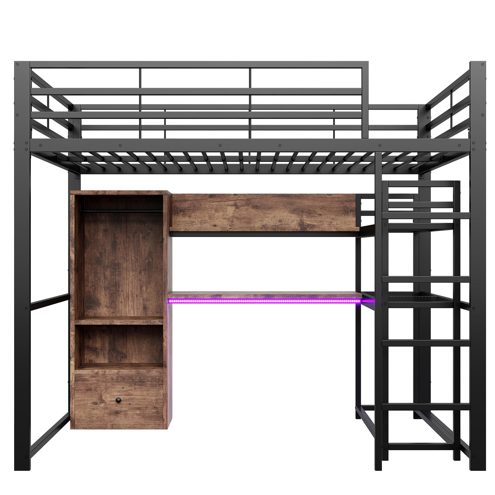 Urban Meuble VYVÝŠENÁ POSTEL kovová 140x200 cm, černá s psacím stolem a LED osvětlením