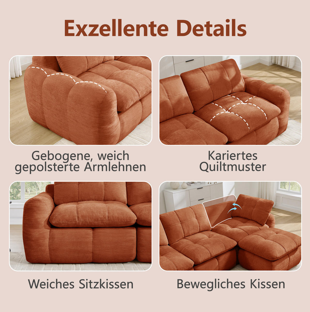 SOFA 194/160/68 cm in Orange aus Chenille, montagefrei und flexibel - Orange, Textil (160/68/194cm) - Flora Grace