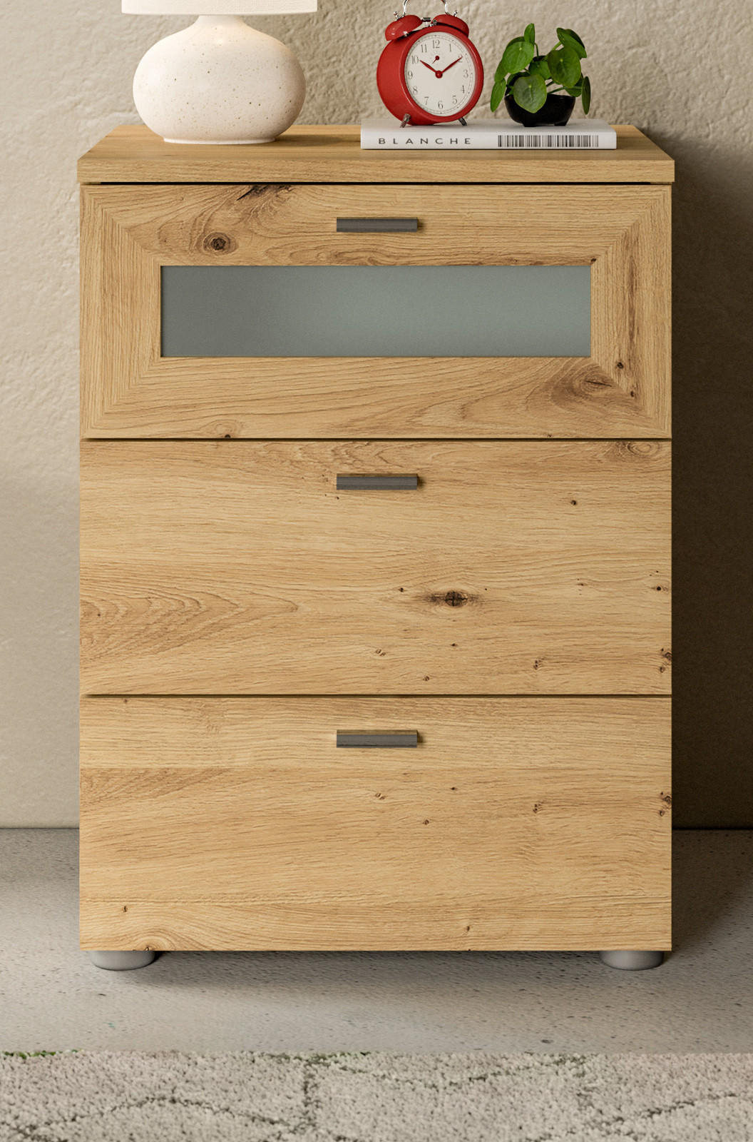 NACHTTISCH Eiche Artisan Komforthöhe 60 cm, 3x Schublade mit Vollauszug - Silberfarben/Eiche Artisan, Glas/Holzwerkstoff (45/60/40cm) - Inn.Furn
