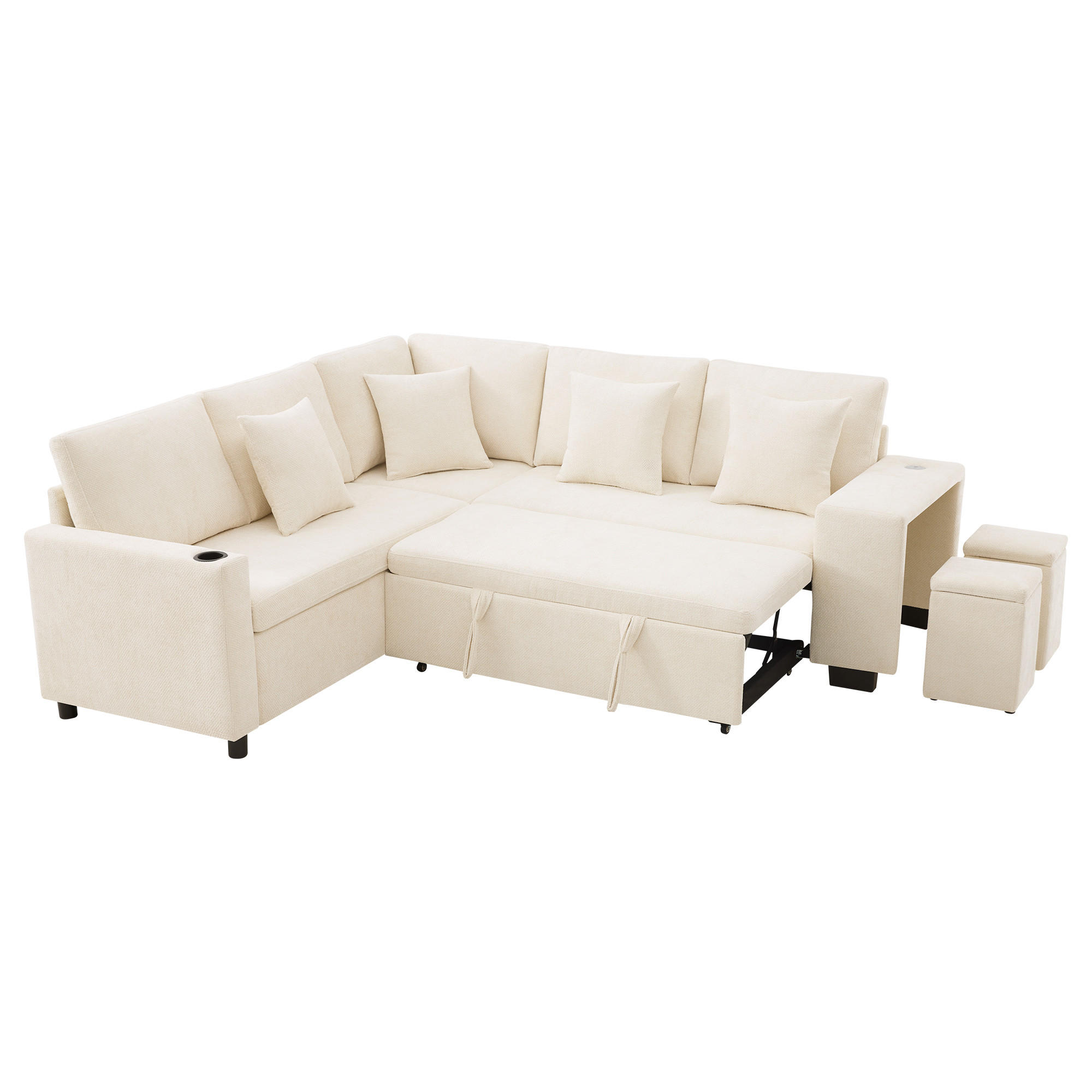 SCHLAFSOFA Beige L-Form USB Stauraum Getränkehalter Kissen - Beige, Textil (205/220cm) - FLIEKS