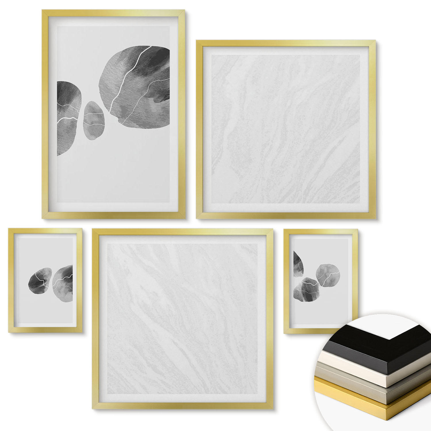 WANDBILDER 5er Set - 50x50 cm & 20x30 cm & 40x60 cm Goldrahmen - Abstrakte Kunst, Farbspritzer - Goldfarben, Kunststoff (40/60cm) - ArtPrintCave