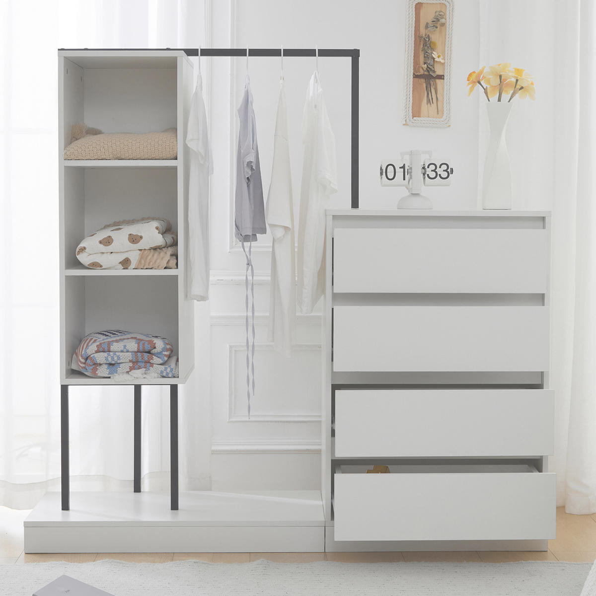 GARDEROBEN-SET in Weiß mit Kleiderstange und Schubladen für Schlafzimmer und Flur, B140/T40/H135 cm - Weiß, Holzwerkstoff/Metall (140/135/40cm) - STILVORA