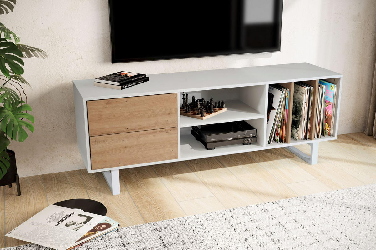 TV-LOWBOARD mit Eiche-Dekor, Schubladen und offenes Regal, modern, Weiß 150x40x55 cm - Weiß, Holzwerkstoff/Metall (150/55/40cm) - KADIMA DESIGN
