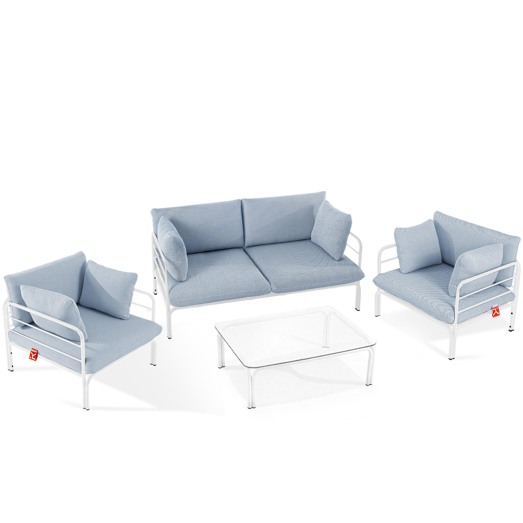 GARTENMÖBELSET RAMBE 4-tlg. 1x Tisch 2x Sessel 1x Sofa 2-Sitzer, mit Kissen, LOFT-STIL, Weiß - Weiß/Hellblau, Glas/Textil - KONSIMO®