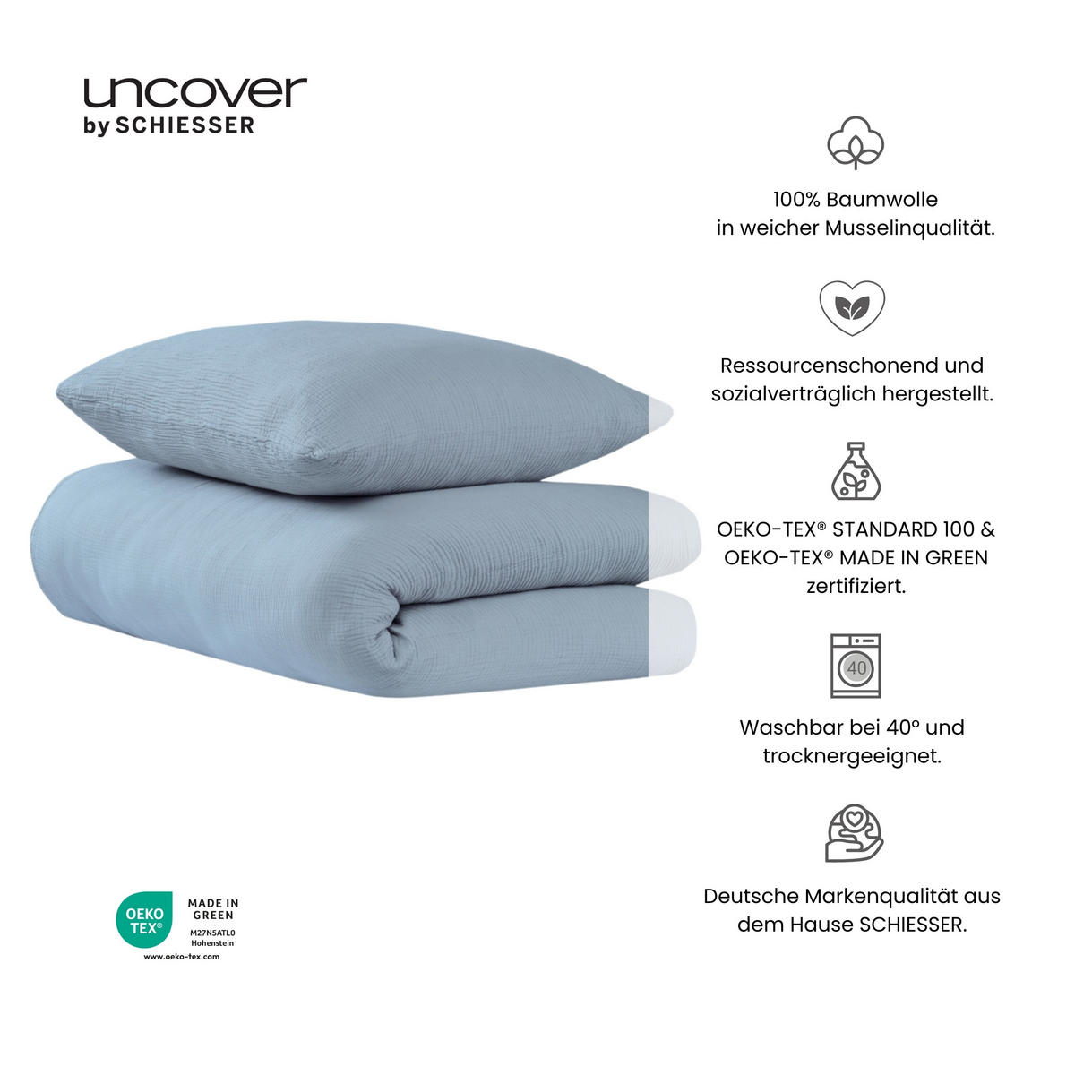 BETTWÄSCHESET Lennox - Musselin - 2-teilig - 135x200cm - Hellblau - Hellblau, Textil (135/200cm) - Uncover by Schiesser