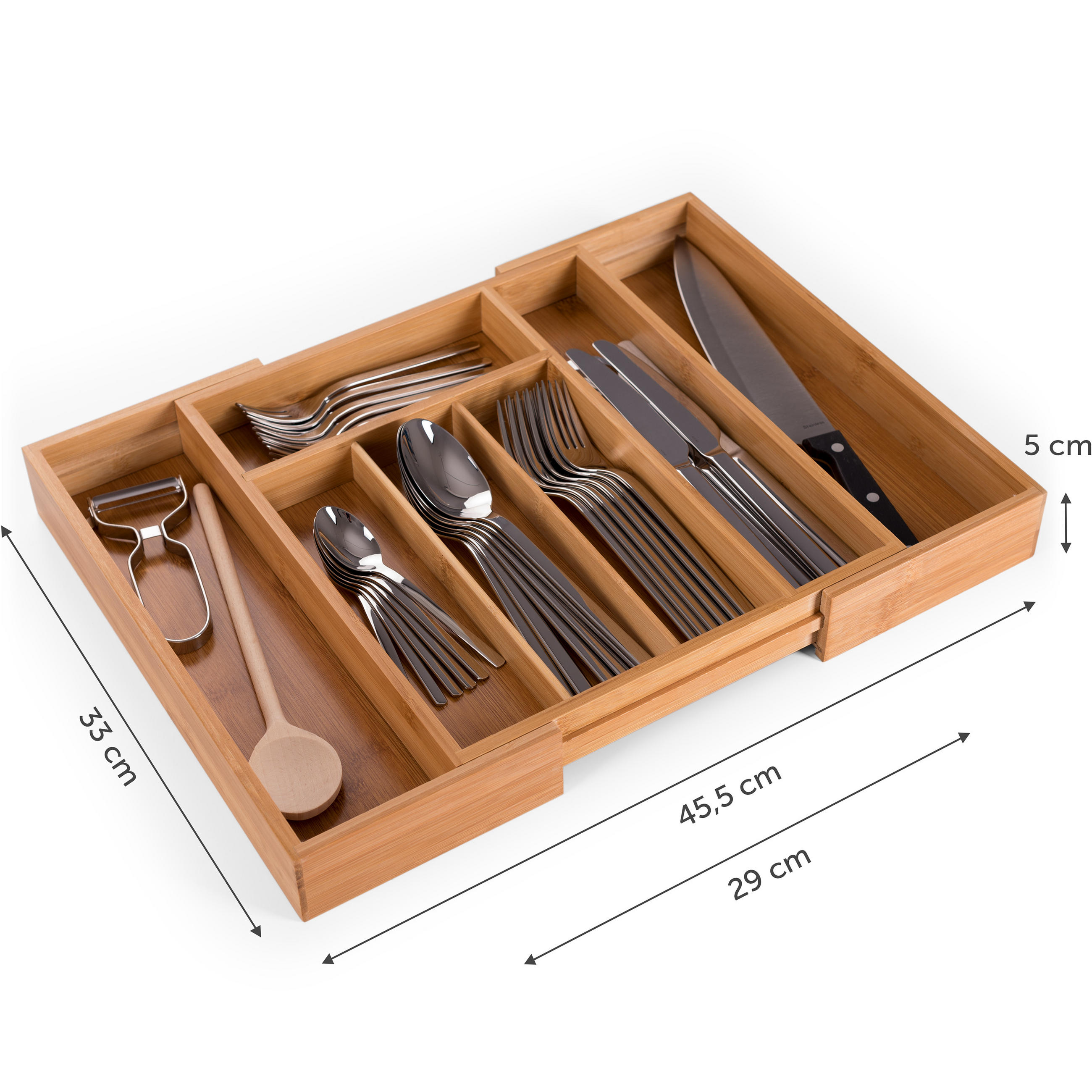 BESTECKKASTEN größenverstellbar 5 - 7 Fächer Bambus - Eichefarben, Holz (29/5/33cm) - Blumtal