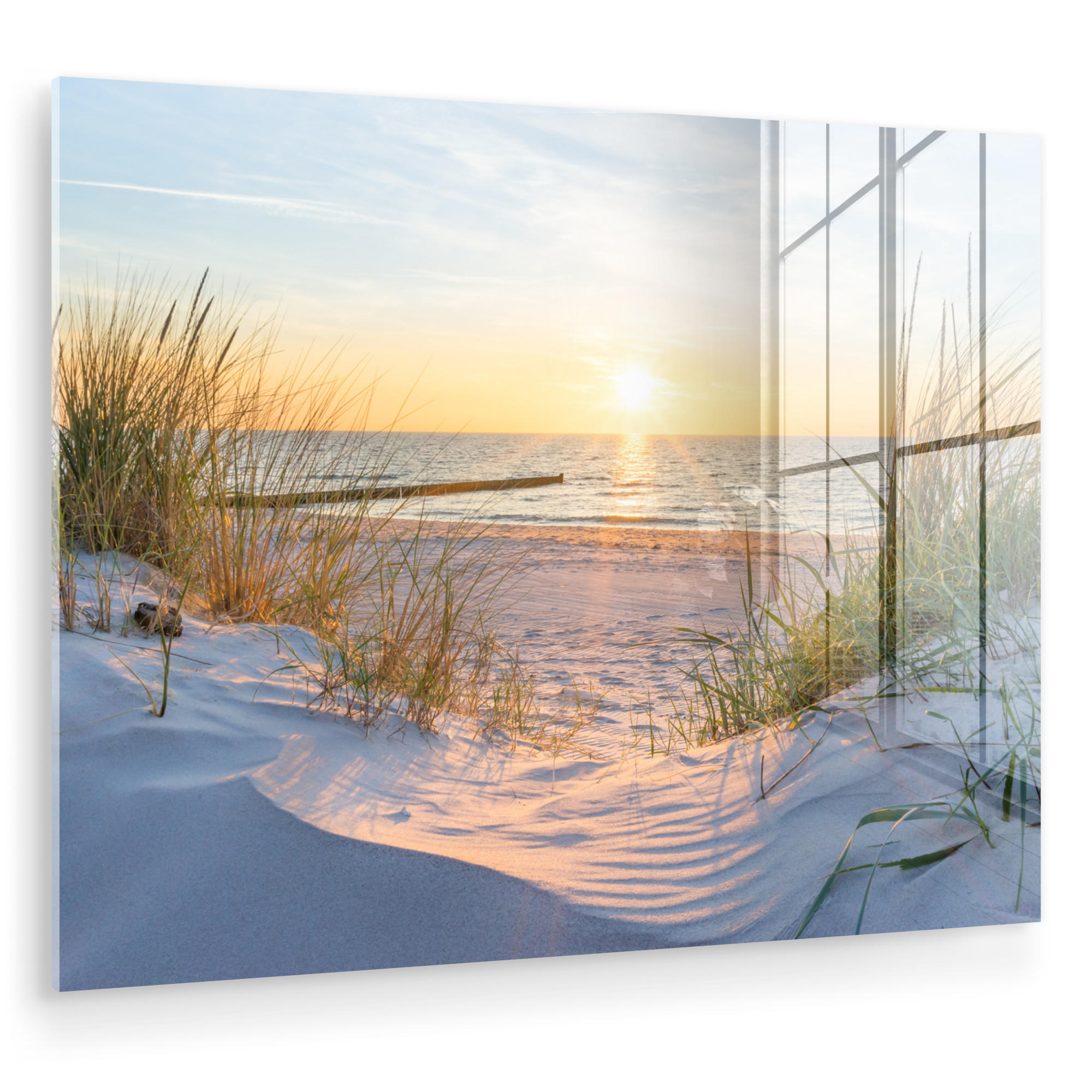 ACRYLGLASBILD Strand - Sonne - Düne - Gras - Sand - Horizont 80x60 cm - Hellblau, Glas (80/60cm) - MuchoWow