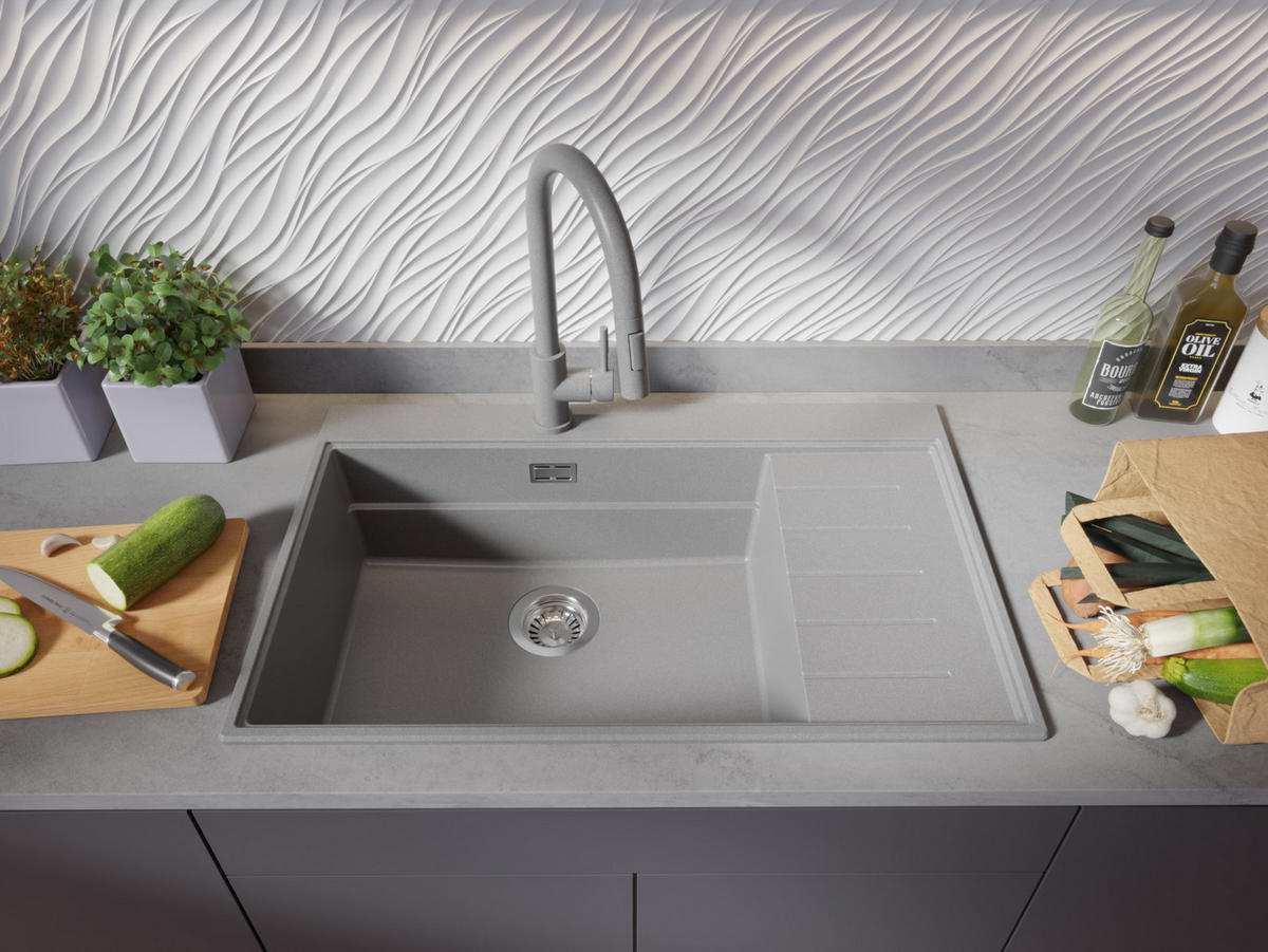 GRANITSPÜLE Sydney, 2-er set Grau 78/50 cm 1 Becken + Küchenarmatur 38/14 cm + Ablauf-Set + Küchenzubehörset ab 60er Unterschrank - Chromfarben/Beige, Kunststoff (78/20/50cm) - Primagran