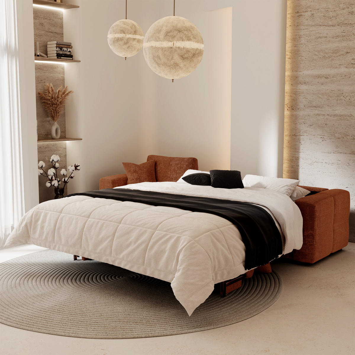 SCHLAFSOFA Express VIBE Geprägter Samt Terrakotta 286cm - Dunkelorange/Terracotta, Textil (286/165cm) - Premium Interiors
