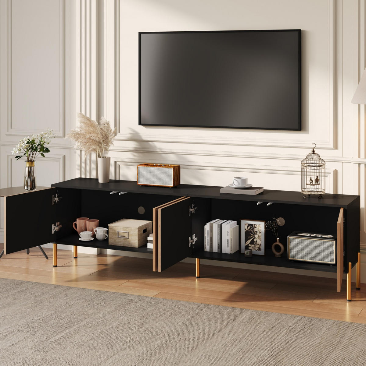 TV-SCHRANK mit 4 Türen 179 x 35 x 53,5 cm Schwarz/Natur - Schwarz, Holzwerkstoff (35/53.5/179cm) - Beauniv