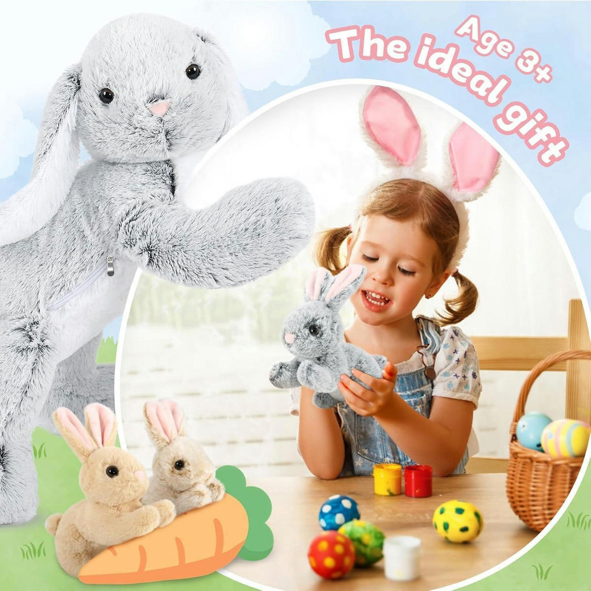 PLÜSCHTIER Hase mit 3 Babys 63 cm Grau - Multicolor, Textil (40/60cm)