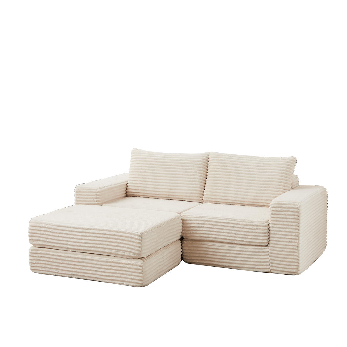 SCHLAFSOFA 2-in-1 aus Cord mit Hocker und 2 Kissen - Beige, Textil (194/74/169.5cm)