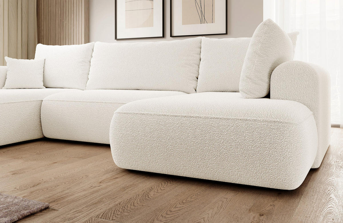 WOHNLANDSCHAFT Ovo Creme Boucle - Creme/Schwarz, Textil (380/95/167cm) - Selsey
