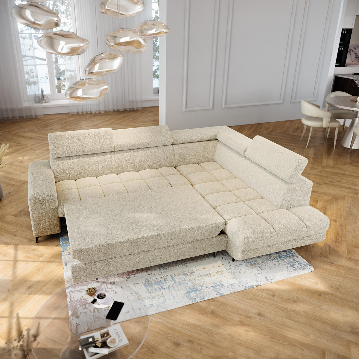 ECKSOFA MORIVA Q R-S Creme Boucle-Stoff mit Schlaffunktion - Creme, Holzwerkstoff/Textil (253/190cm) - MASSENO