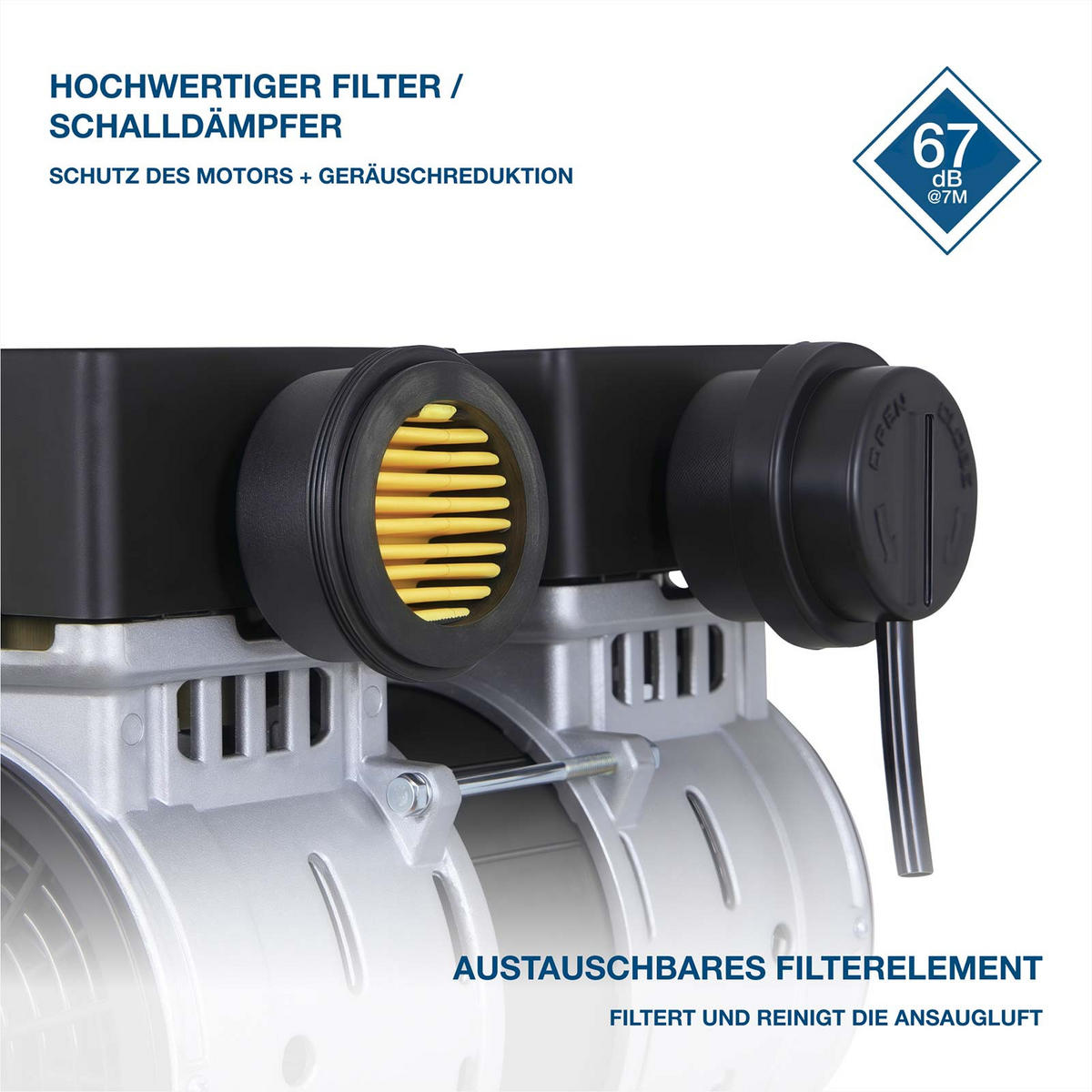 SILENT Kompressor SAC15024 (Druckluftkompressor leise, ölfrei, Flüsterkompressor, 67dB, 24L Kessel, 9bar, 1.5kW, 202L/Min) - Silberfarben, Metall (55/33/56cm) - HYUNDAI