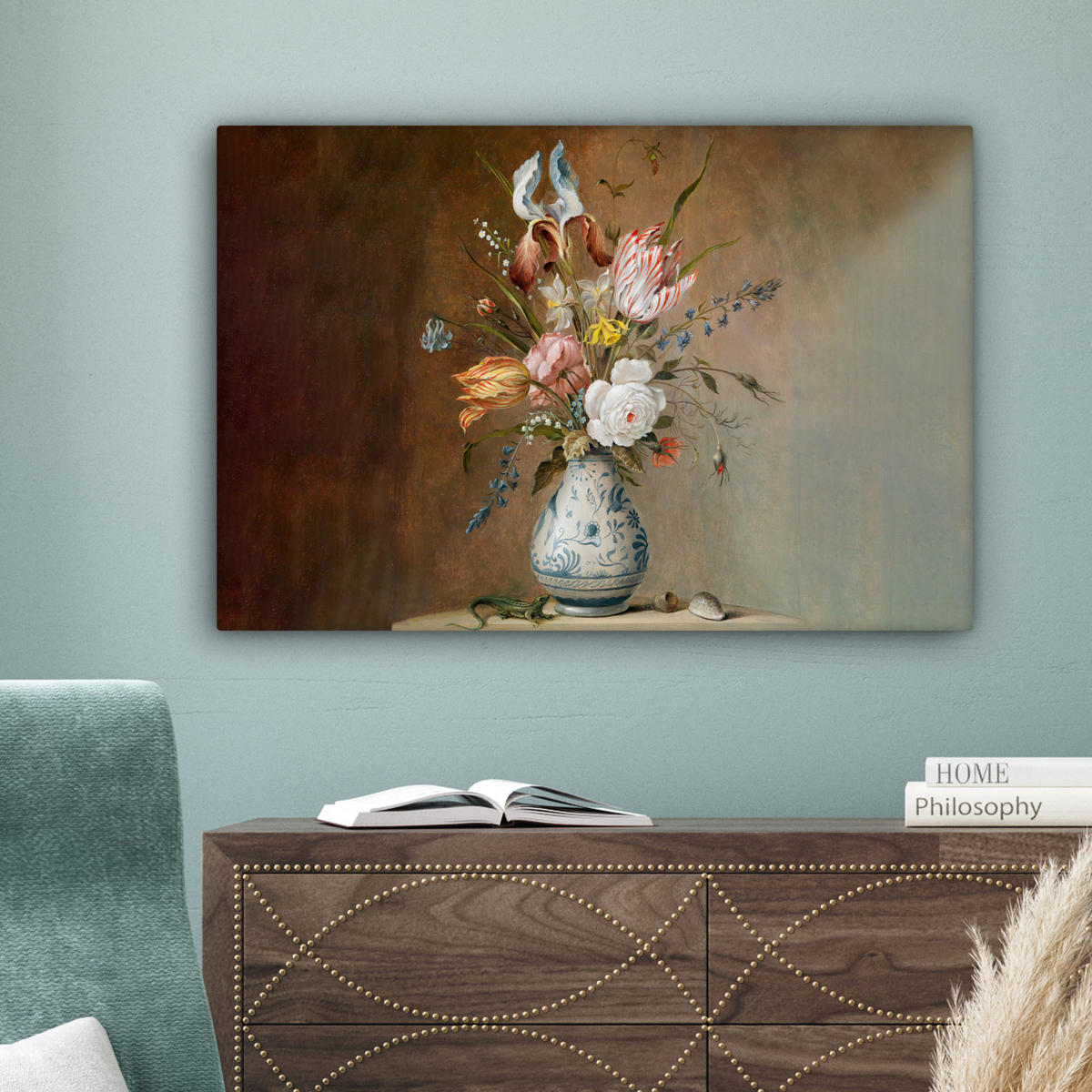 LEINWANDBILD Alte Meister - Blumen - Balthasar van der Ast Wanddeko 90x60 cm - Hellbraun, Textil (90/60cm) - MuchoWow