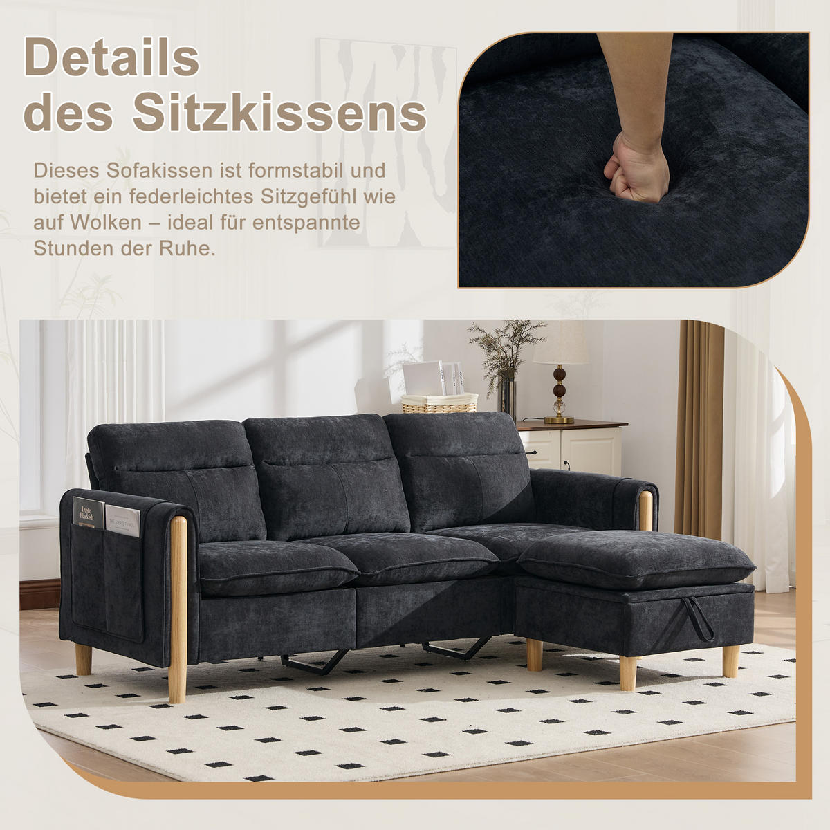ECKSOFA DE-33940 mit Stauraumhocker und Seitentaschen Schwarz - Schwarz, Holz (77/201cm) - ComfortXL