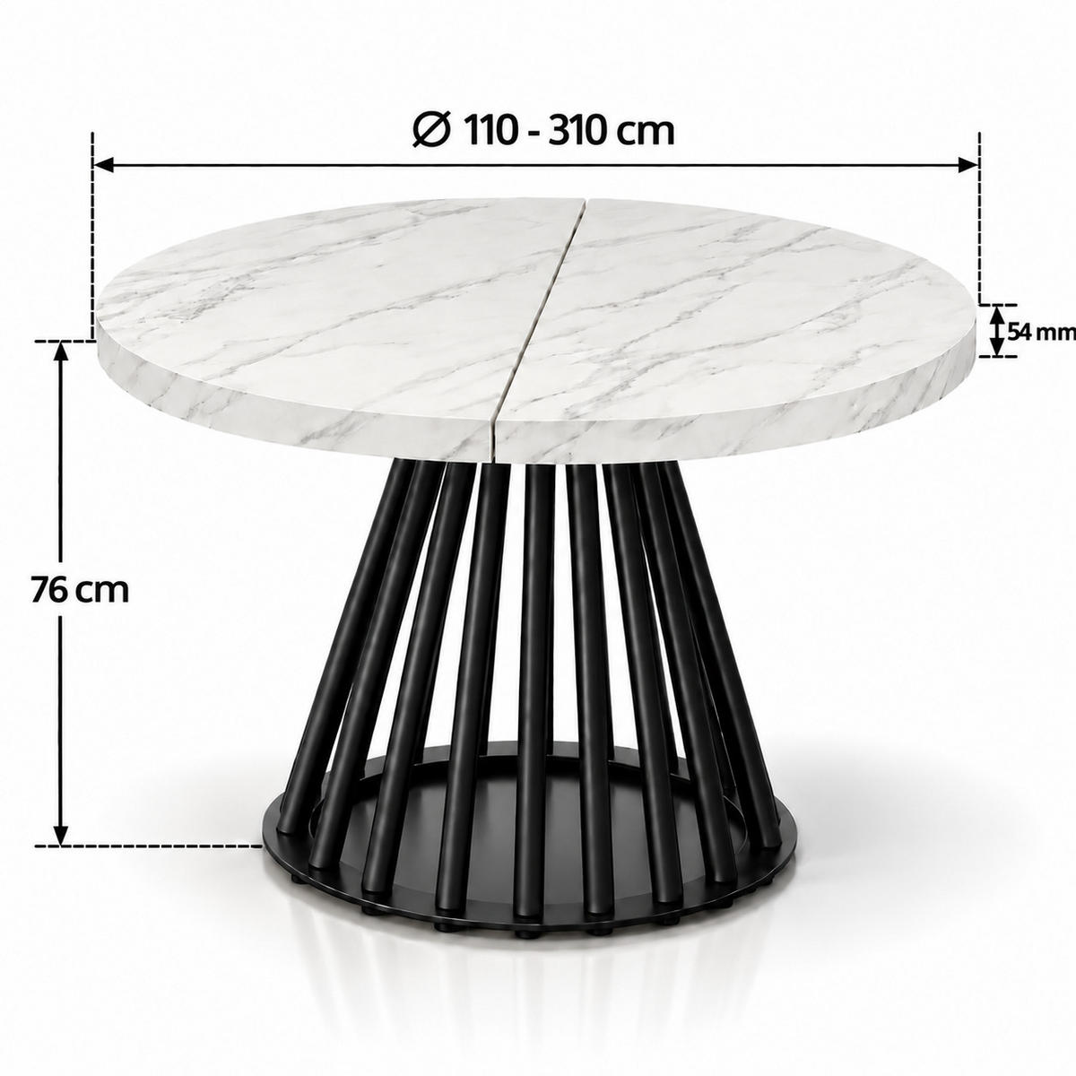 ESSTISCH rund ausziehbar 110/310/76 cm, Marmor, 54 cm Tischplatte + Lamellen-Metallgestell Schwarz - Hellgrau/Schwarz, Holzwerkstoff/Metall (110/310/76cm) - Damale Möbel