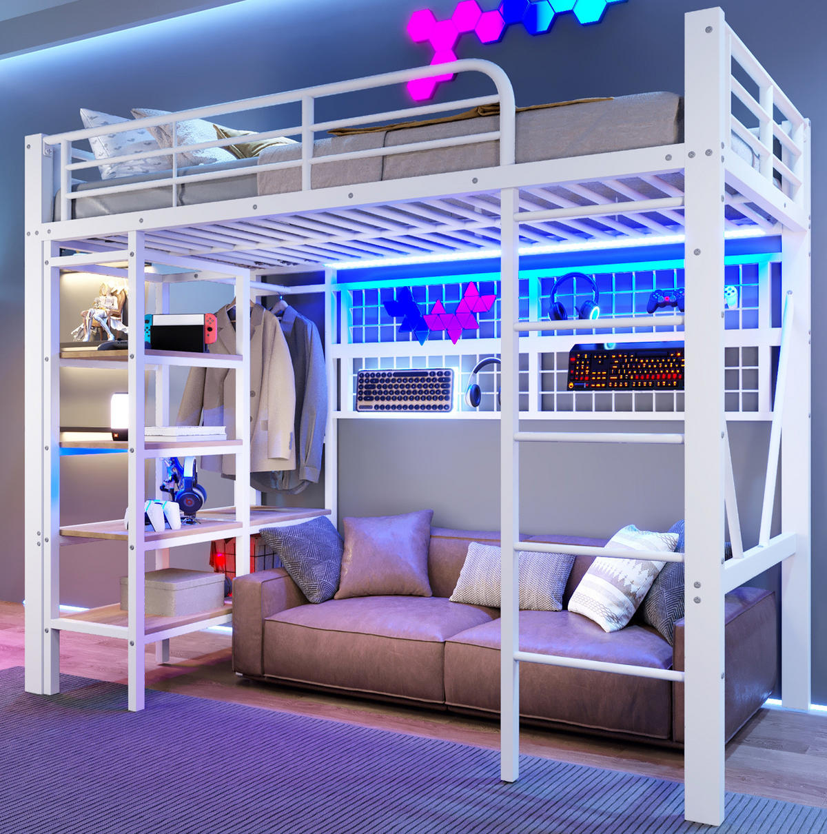 HOCHBETT 90/200 cm aus Metall mit LED-Lichtleiste und Kleiderstange Weiß - Weiß, Metall (90/200cm) - Modenvie