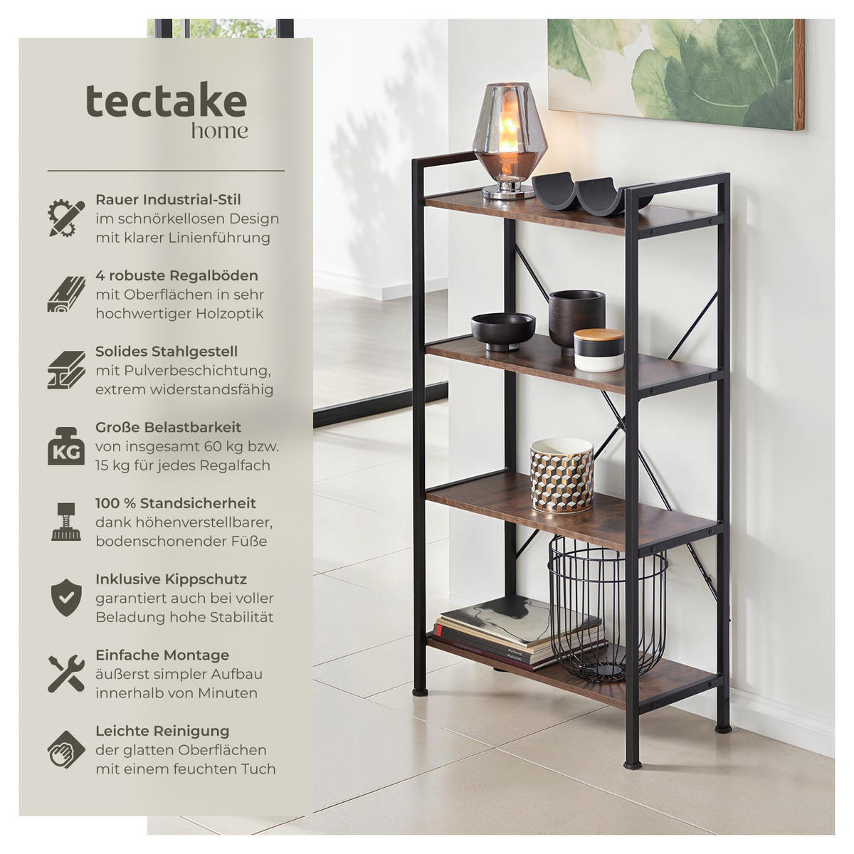 REGAL Leeds,inklusive Kippschutz, 67,5 x 31,5 x 121,5 cm,Industrial Holz dunkel, rustikal - Rostfarben, Holz (31.5/121.5/67.5cm) - tectake
