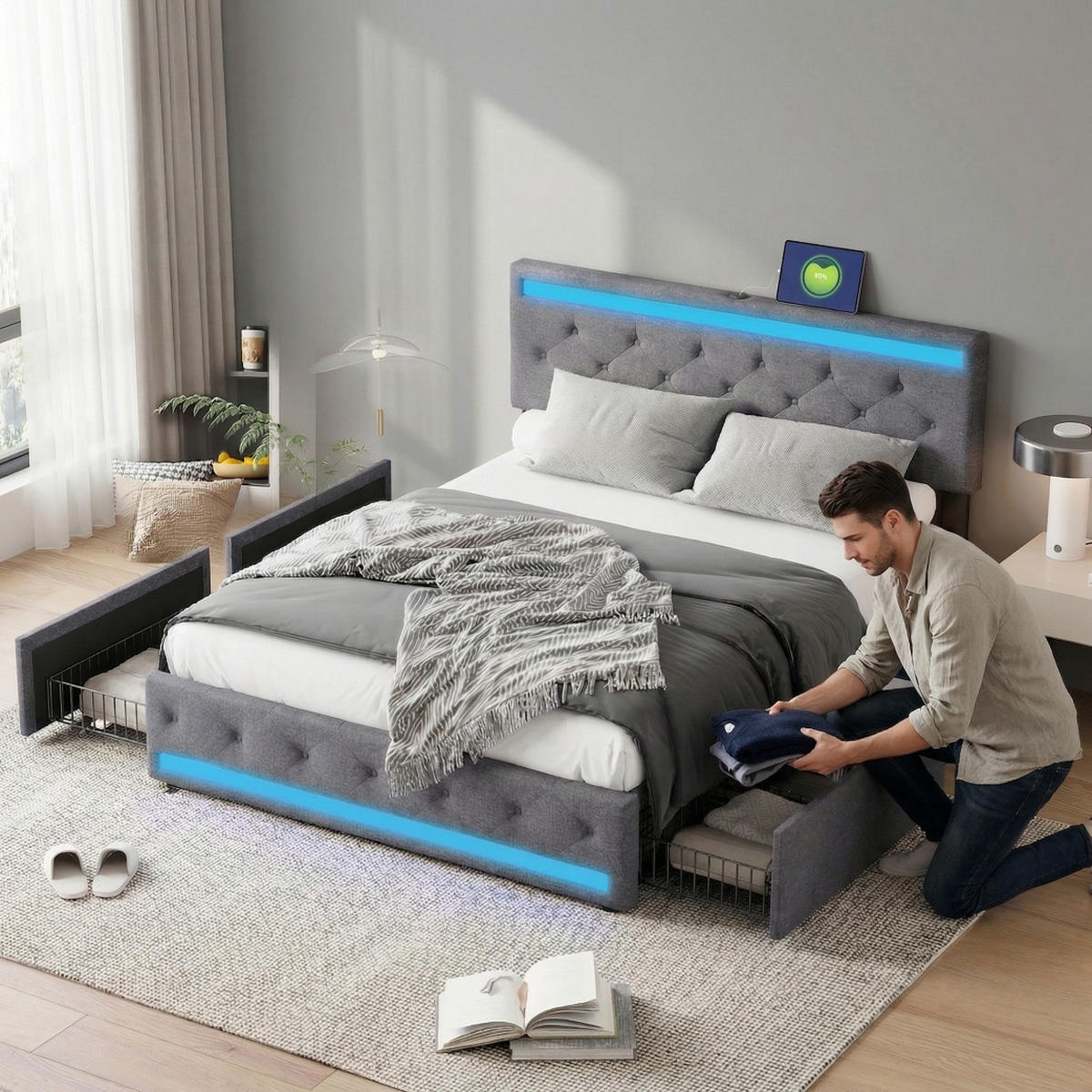 STAURAUMBETT 140x200 Dunkelgrau mit LED und 4 Schubladen Leinen - Grau, Holz (140/200cm) - PARAFTA HOME
