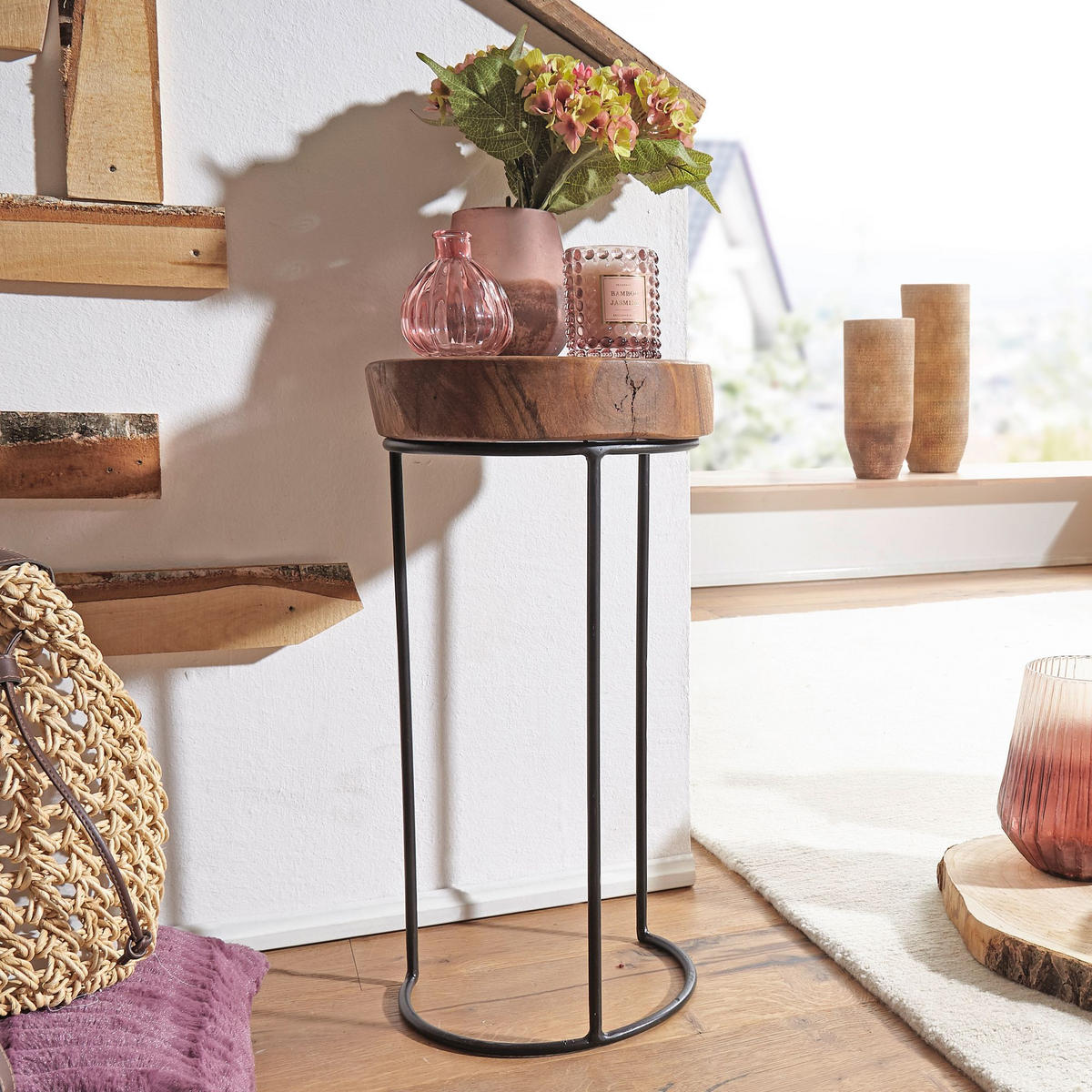 BEISTELLTISCH Massivholz Metallgestell Baumstammplatte Landhausstil INDI, Braun 28x28x55 cm - Schwarz/Braun, Holz/Metall (28/28/55cm) - KADIMA DESIGN