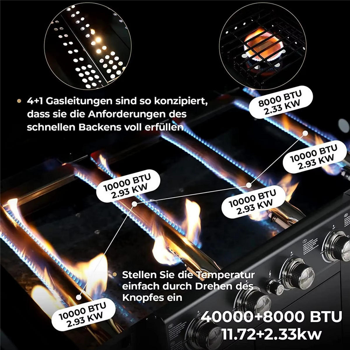 GASGRILL Grillwagen 4 Brenner mit Thermometer, Schwarz - Schwarz, Metall (133/76/42cm) - Kaket