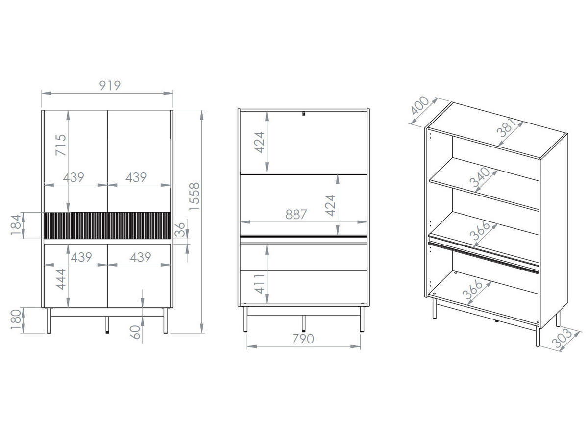 HIGHBOARD Dunea Cashmere / Eiche Cremona Torro 92 / 40 / 156cm - Multicolor/Creme, Holz/Holzwerkstoff (92/156/40cm) - Feldmann-Wohnen