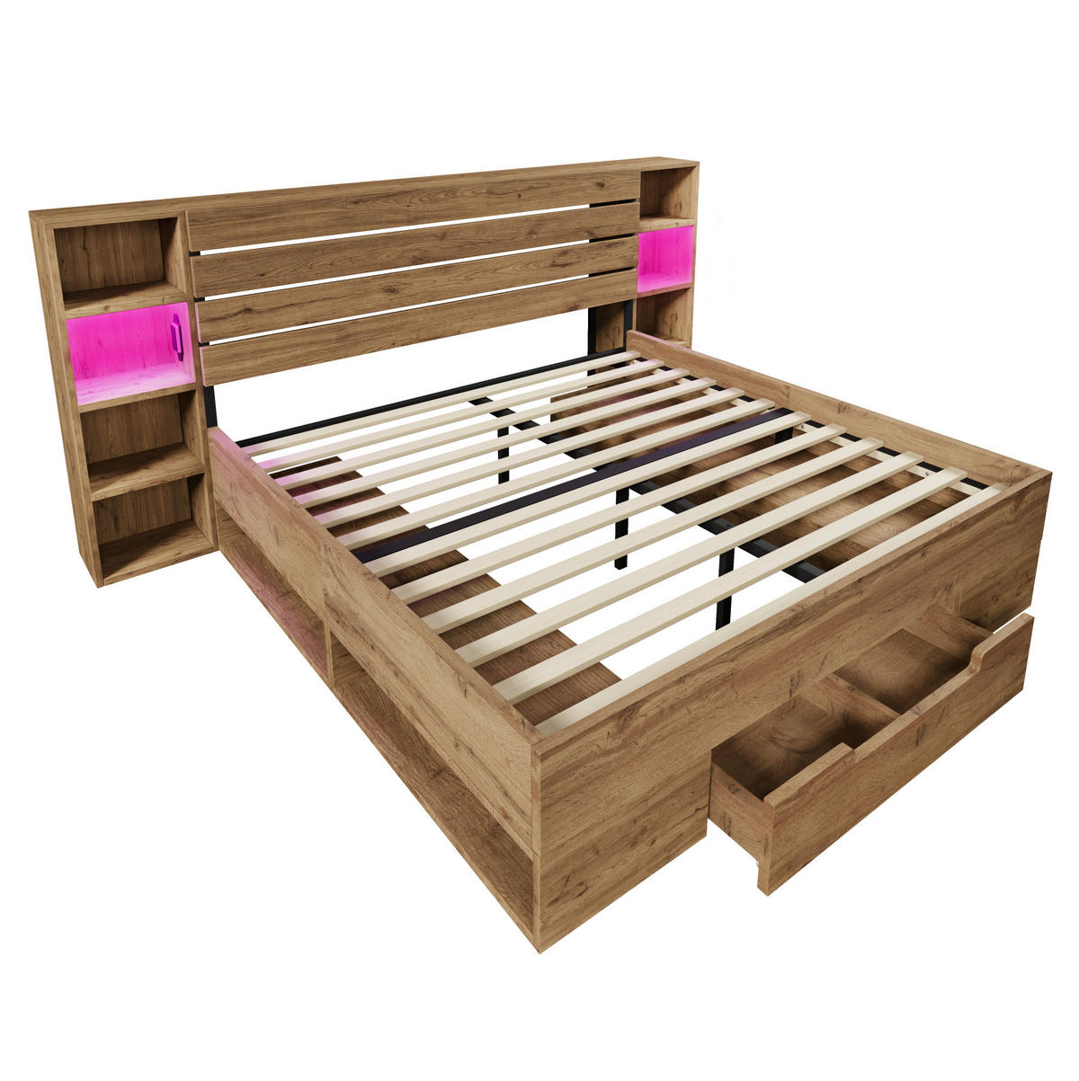 POLSTERBETT 180/200 cm in Eiche mit LED-Beleuchtung, Stauraum und USB-/Type-C-Anschlüssen - Eichefarben, Metall (180/200cm) - Flora Grace