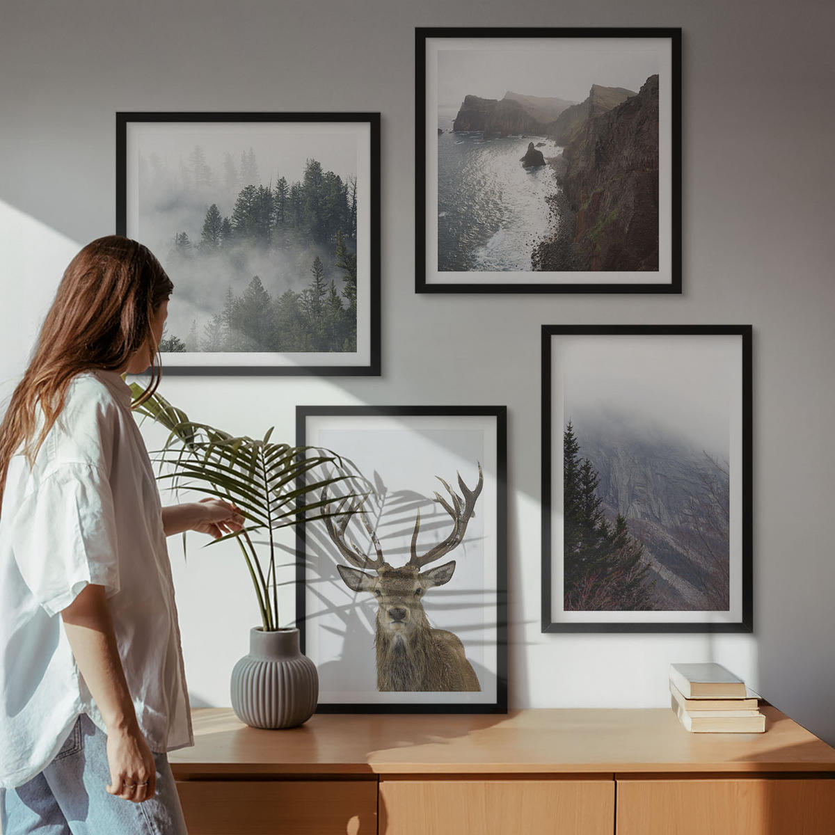 WANDBILDER 4er-Set - 50x50 cm & 40x60 cm Schwarzer Rahmen - Berglandschaft Nebel Hirsch - Schwarz, Kunststoff (50/50cm) - ArtPrintCave