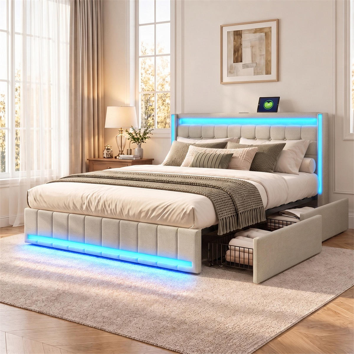 POLSTERBETT 160x200 cm Lumina Smart mit 3-Zonen RGB-LED, USB & USB-C, 4 Schubladen, Leinen-Optik, Beige - Beige, Textil (160/200cm) - DELFA