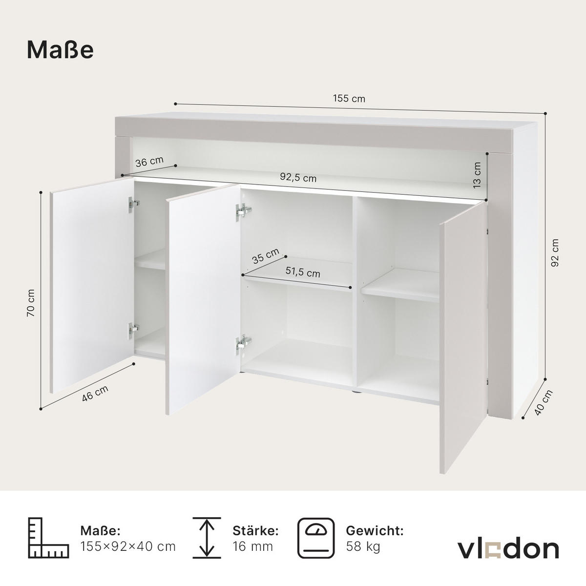 SIDEBOARD Valencia Creme Hochglanz / Creme Hochglanz - Creme, Holzwerkstoff (155/92/40cm) - Vladon