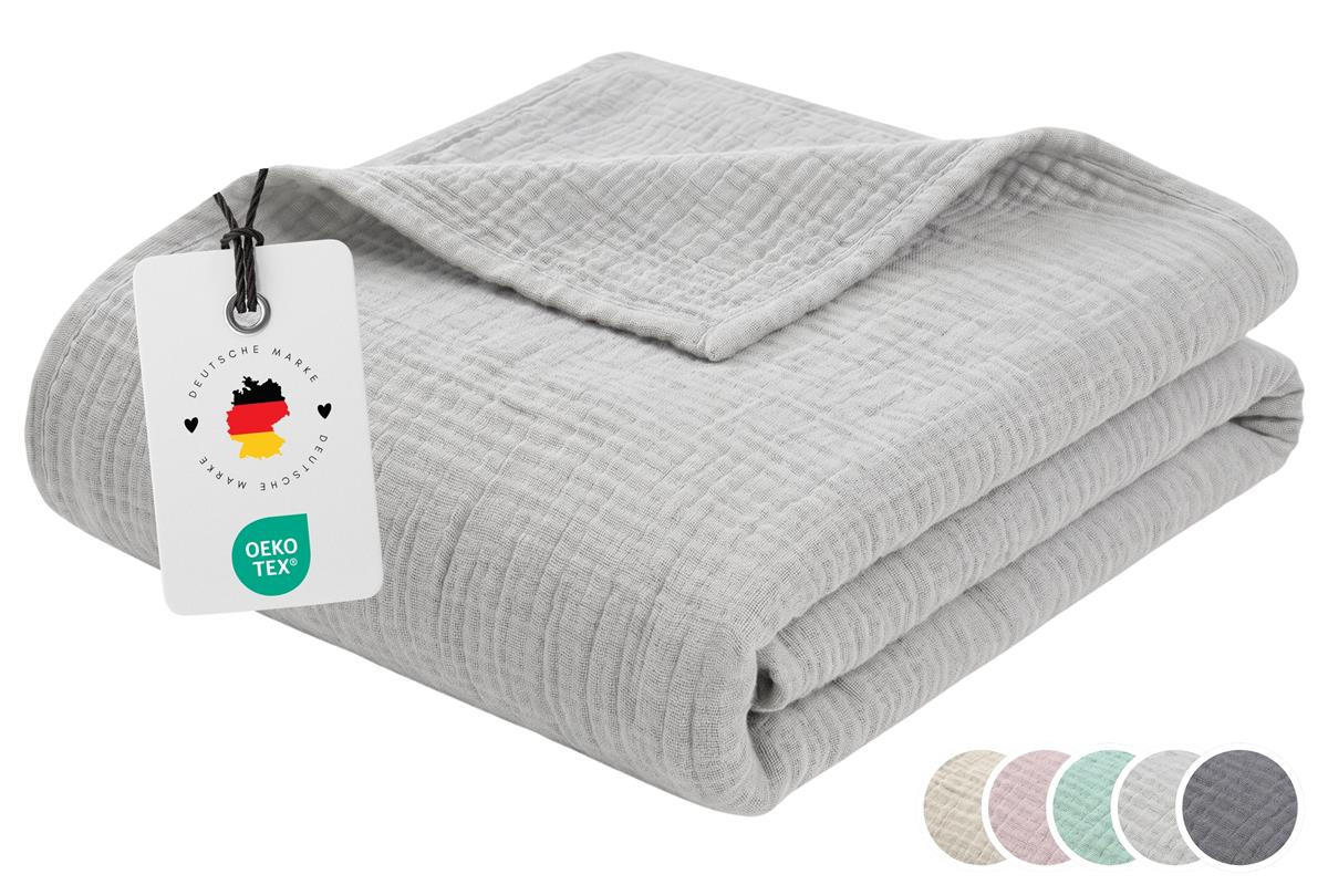 WOHNDECKE Musselin 150 x 200 cm, Leichte Kuscheldecke aus 100% Baumwolle - Nutzbar als Tagesdecke, Plaid oder Decke für Sofa, Couch & Bett - Grau - Grau, Textil (150/200cm) - Carpe Sonno