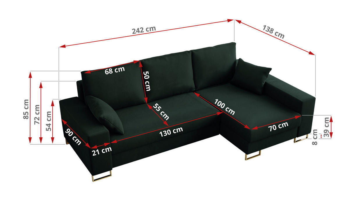 ECKSOFA Dorian Velvet Grün - Goldfarben/Grün, Textil/Metall (242/138cm) - MKS