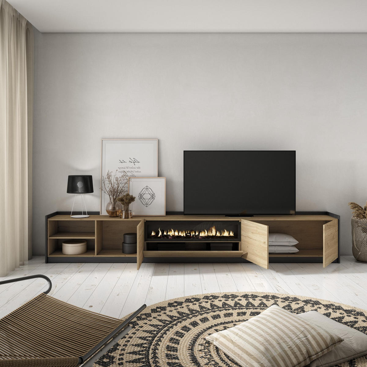 TV-SCHRANK, Lowboard, Eiche Schwarz, Elektrokamin, 310/37/50cm - Eichefarben, Holzwerkstoff (310/50/37cm) - Skraut Home