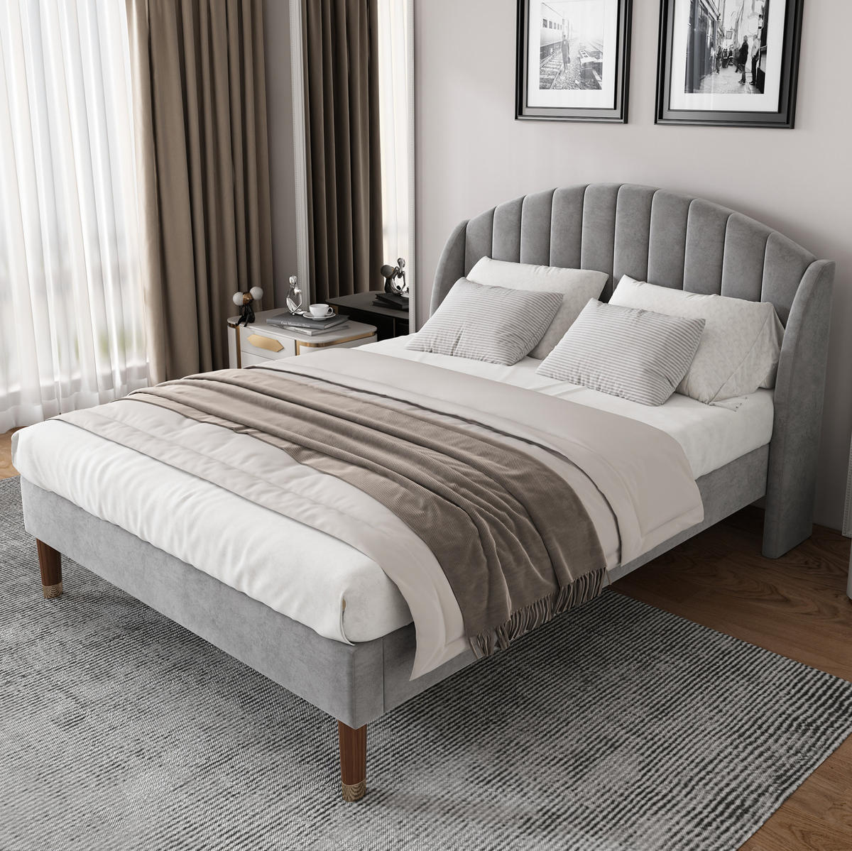ČALOUNĚNÁ postel 160/200 cm samet šedá s roštem a čalouněným čelem - šedá, textil (160/200cm) - BEAOK