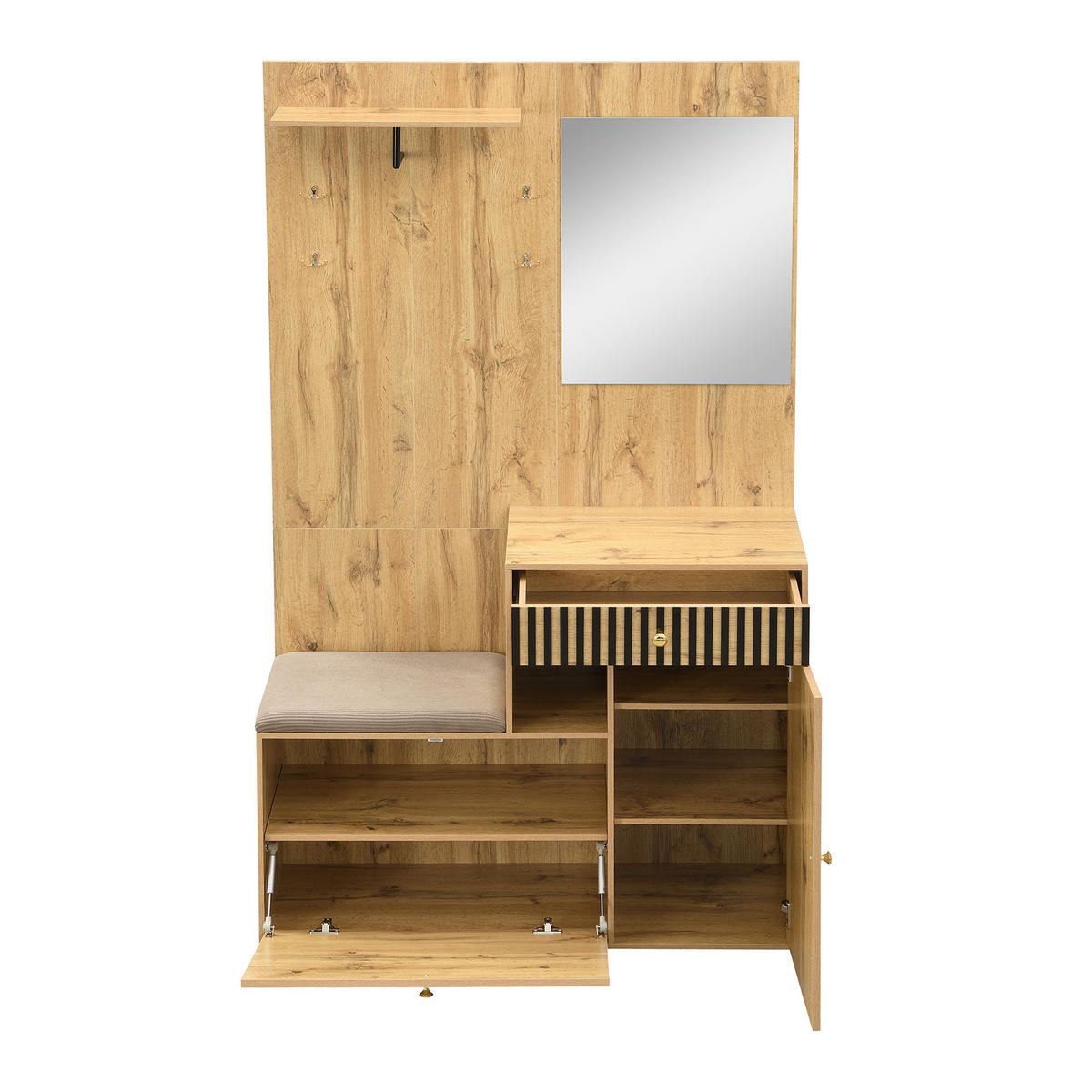 DIELENGARDEROBE 110/37/185,5 cm mit Spiegel, Sitzbank und Stauraum - Schwarz, Holzwerkstoff (110/185.5/37cm) - BEAOK
