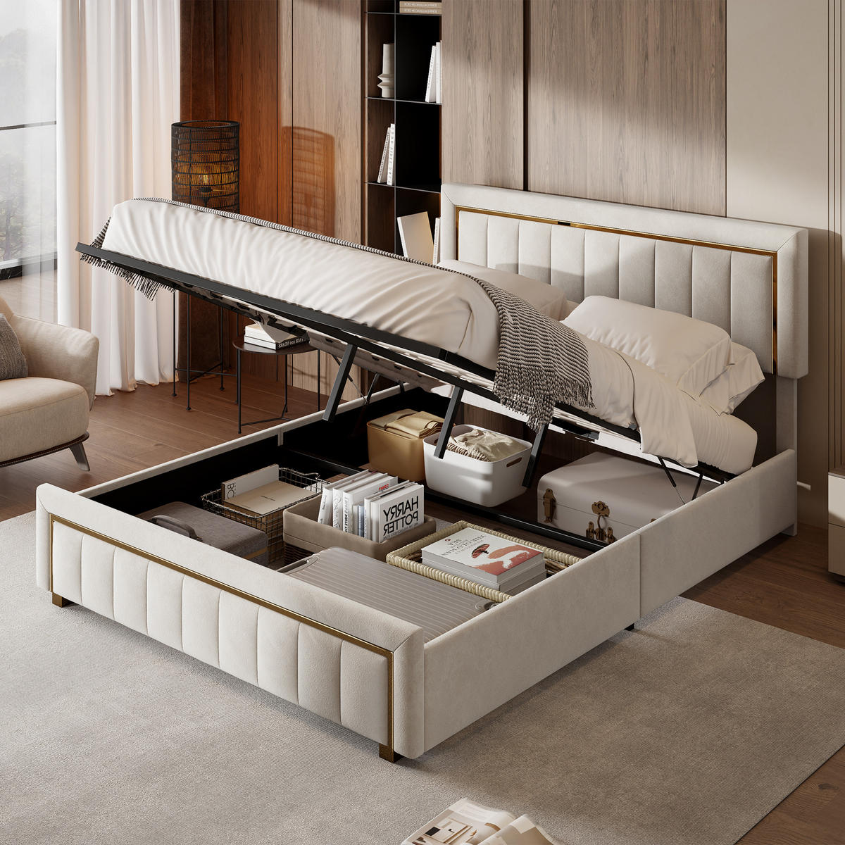 POLSTERBETT 140x190 cm Stauraum Lattenrost Samt Golddekor beige - Beige, Holz (140/190cm) - LEBENLANG