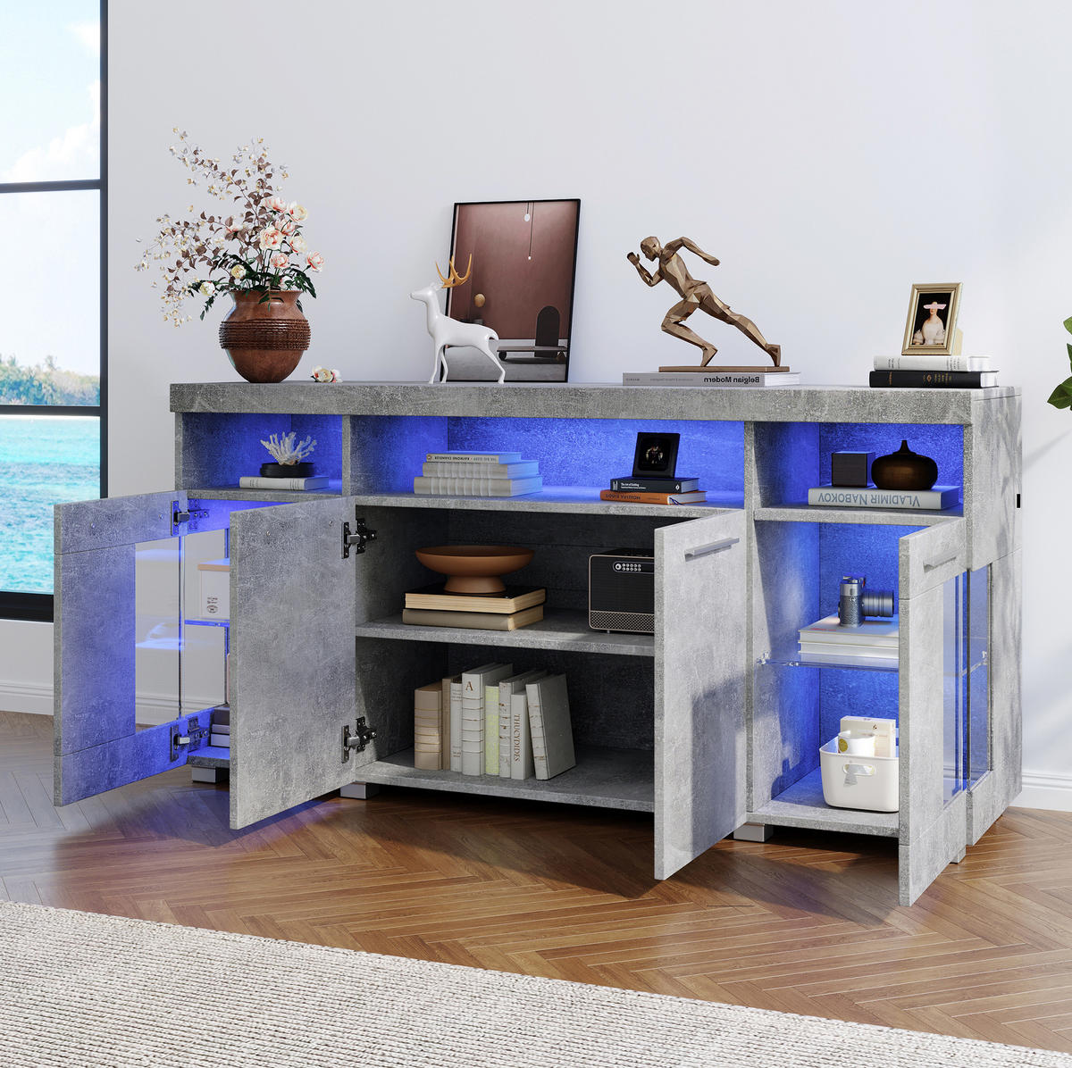SIDEBOARD, 140/40/70 cm, MDF a tvrzené sklo, cementově šedé, s LED osvětlením - šedá, kompozitní dřevo (140/70/40cm) - BEAOK