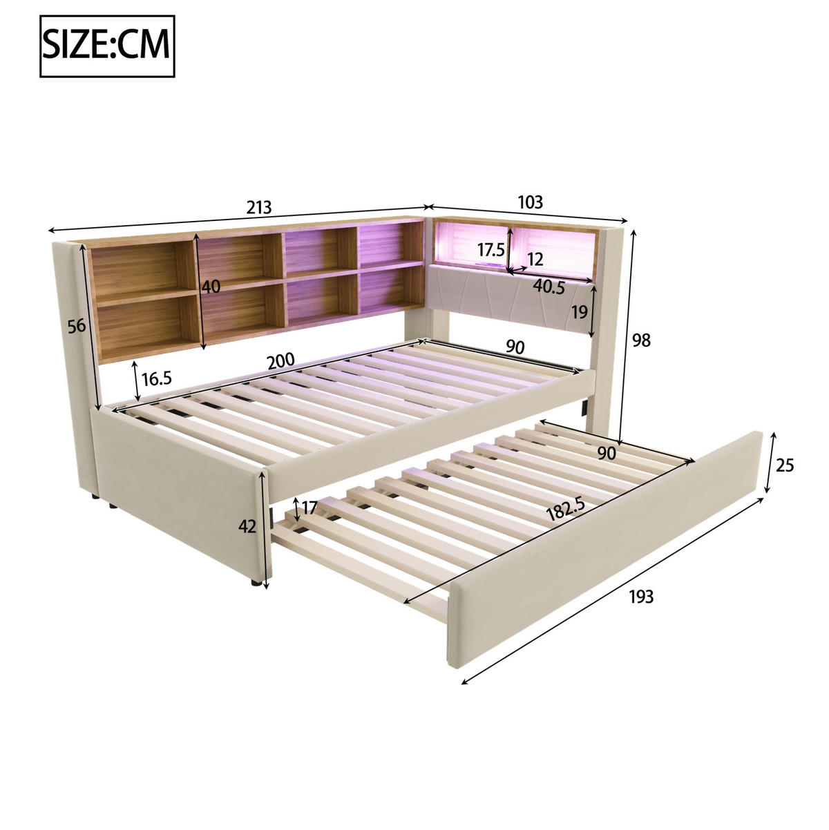 ČALÚNENÉ rozkladacie lôžko z flanelu 90x200 cm béžové s LED osvetlením, USB a úložným priestorom - béžová, textil (90/200cm) - Modfu