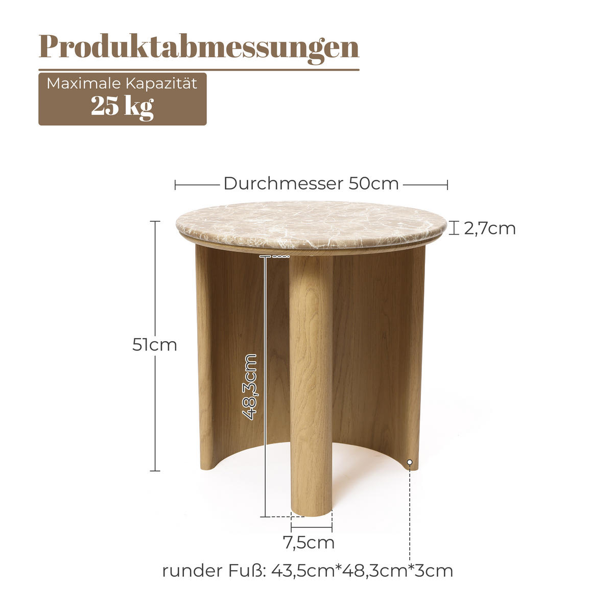 COUCHTISCH Rund Marmor-Optik, Eichenoptik, Ø50 × 51 cm - Braun, Holzwerkstoff (50/50/51cm) - Hometopia