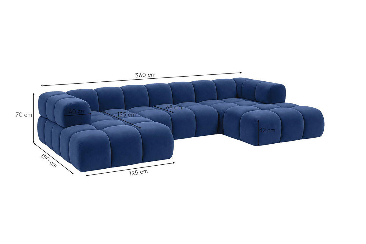 ROHOVÁ SEDAČKA ve tvaru U, velurová tkanina Bluvel, Inkoustově modrá, Averro U - modrá, dřevo (360/70/150cm) - Kaiser Möbel