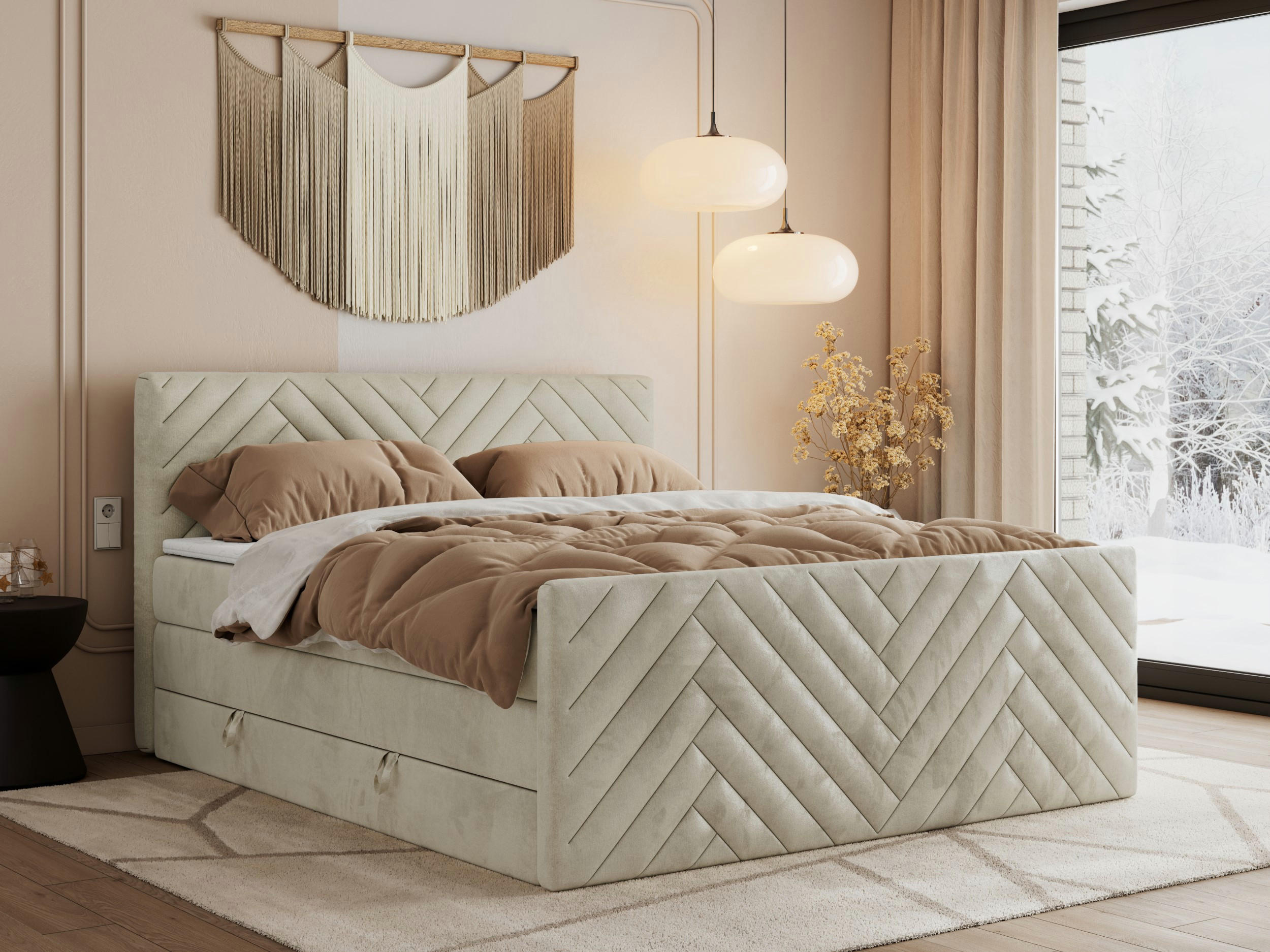 BOXSPRINGBETT PARIS KING DUO - 120/200 - Beige Velvet - H3 - Beige, Holz/Textil (120/200cm) - MKS