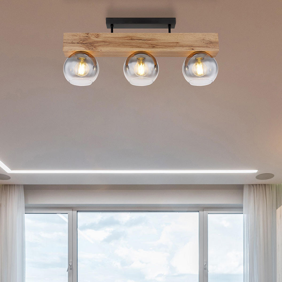 DECKENLEUCHTE MOITAS Braun Holzoptik - Braun, Glas (65/15/28cm) - Globo Lighting