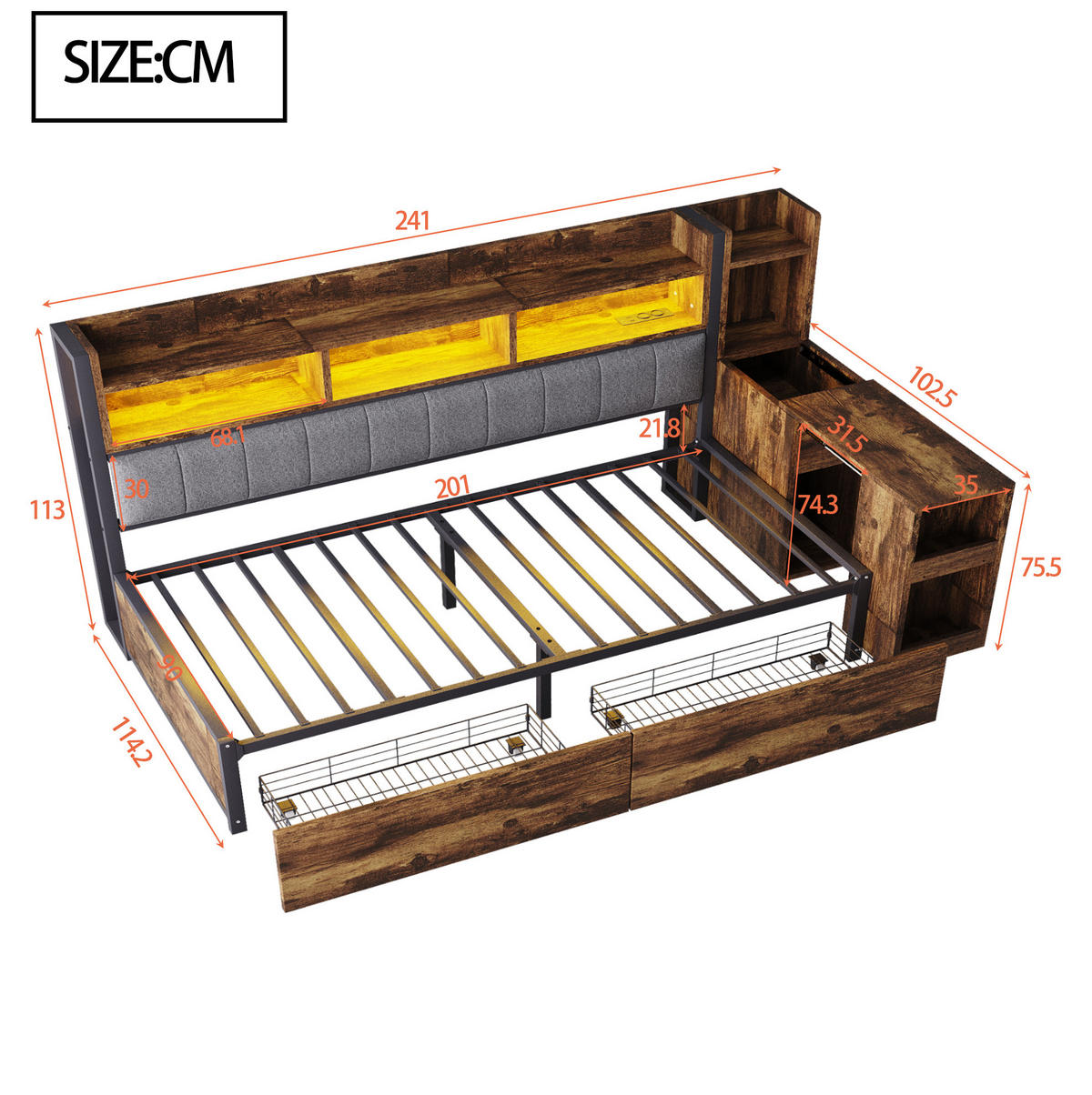 MULTIFUNKTIONSBETT 90/200 cm mit Schreibtisch und Stauraum Holzfarbe aus Metall - Naturfarben, Metall (90/200cm) - OKWISH