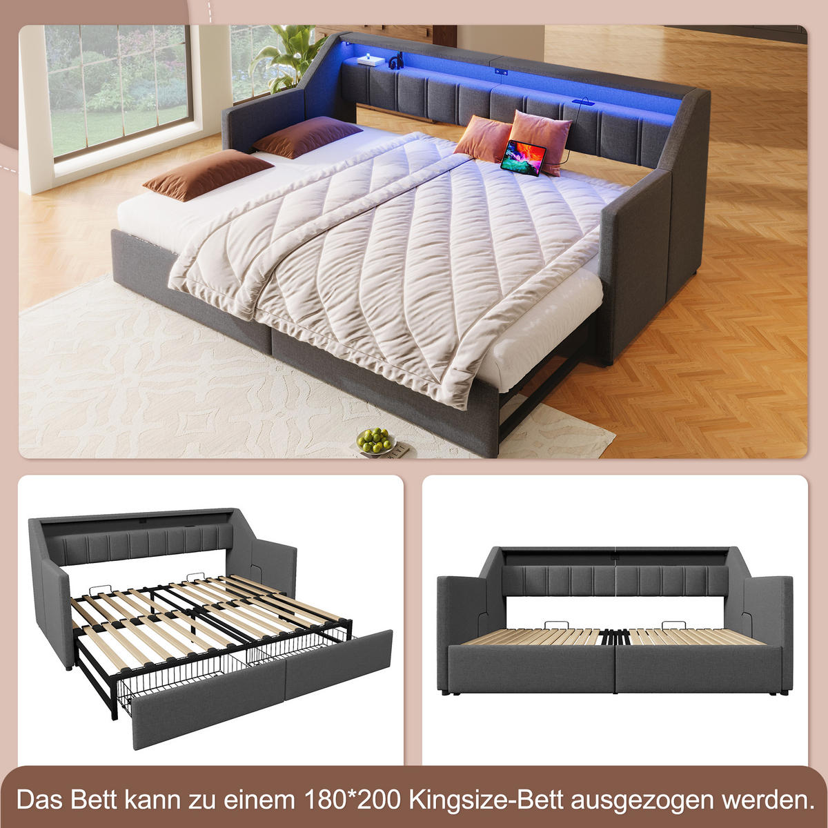 TAGEBETT 90x200cm Grau USB-C LED-Leiste 2 Schubladen Ausziehbett - Grau, Holz (90/200cm) - FLIEKS