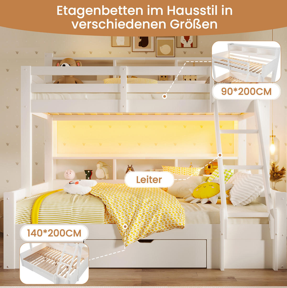 ETAGENBETT 90/200 + 140/200 cm in Weiß mit LED-Beleuchtung und Stauraum - Weiß, Holz - BEAOK