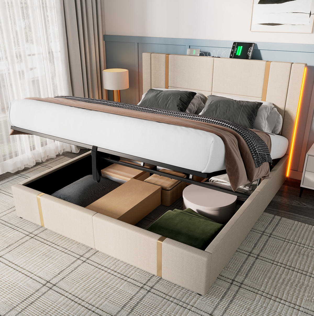 POLSTERBETT 140/200 cm Beige mit USB Typ C Ladefunktion und LED-Beleuchtung mit Matratze - Beige, Textil (140/200cm) - OKWISH