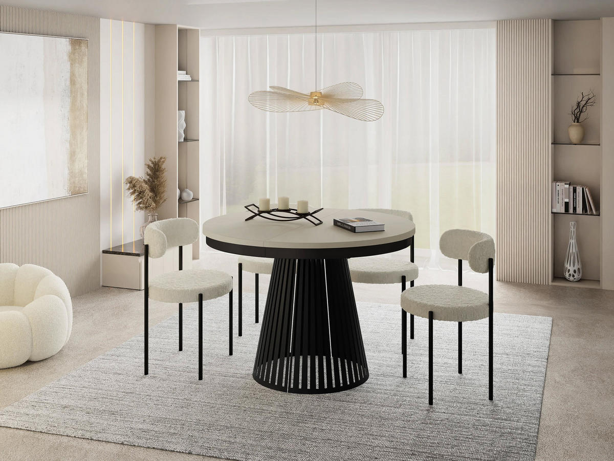 ESSTISCH Naro rund ausziehbar mit Schwarzem Lamellen-Metallgestell, Beige Kaschmir 100-180/100/76 cm - Kaschmir/Beige, Holzwerkstoff/Metall (100/176/76cm) - WFL GROUP