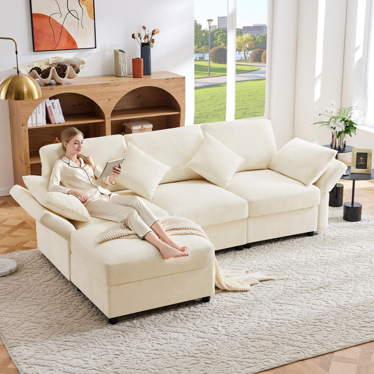 ECKSOFA, Chenille mit verstellbaren Armlehnen & Hocker, 218/156,5/86 cm, Beige - Beige, Textil (156.5/218cm) - Redom